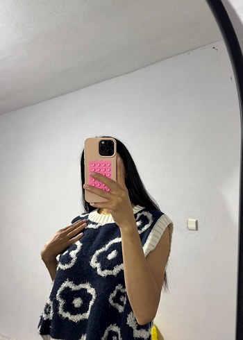 Kadın mavi Batik Desenli Kolsuz Triko Süveter - Görsel 3