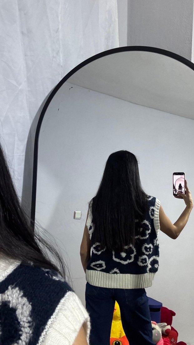 Kadın mavi Batik Desenli Kolsuz Triko Süveter - Görsel 2