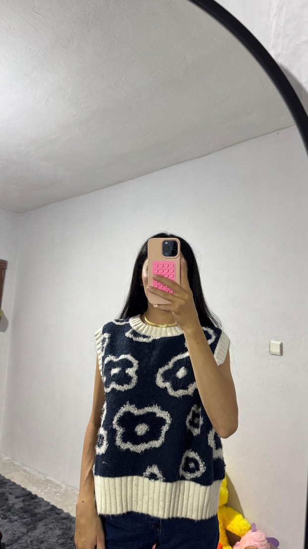 Kadın mavi Batik Desenli Kolsuz Triko Süveter - Görsel 4