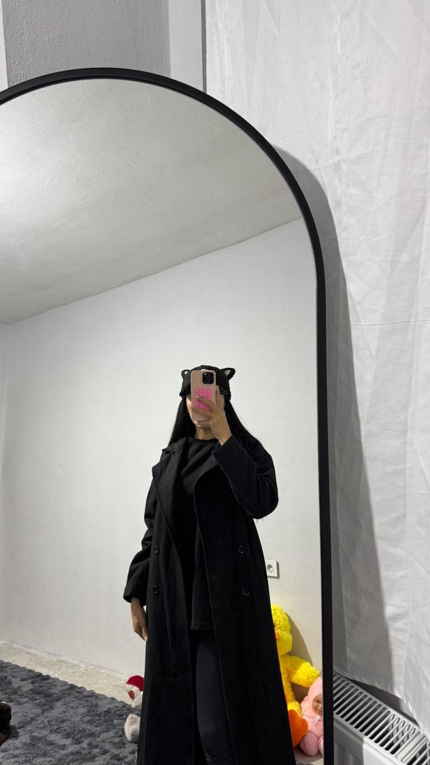 Siyah Midi Boy Salaş Kadın Kaban - Görsel 4