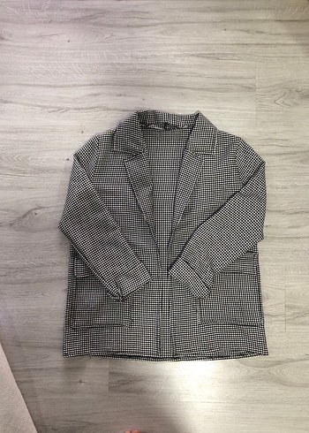 m Beden Kadın Gri Mini Kareli Düğmeli Blazer Ceket