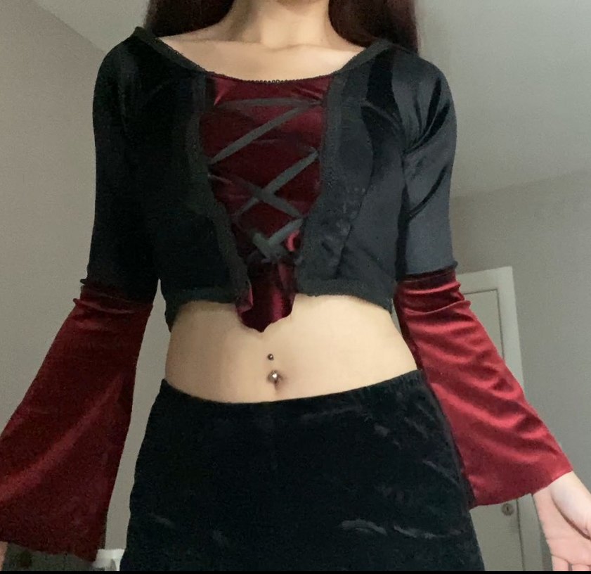 Bordo Siyah Bağcıklı Gotik bluz - Görsel 2
