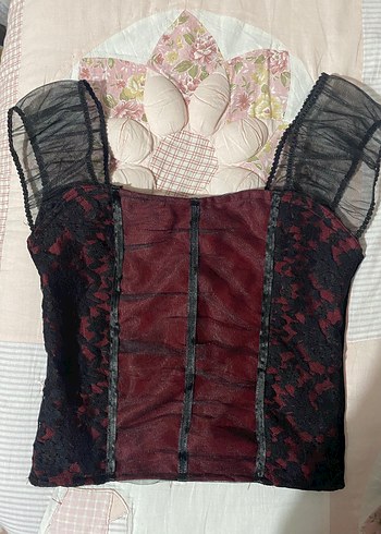 Bordo Dantelli Gotik V Yaka Büstiyer - Görsel 2