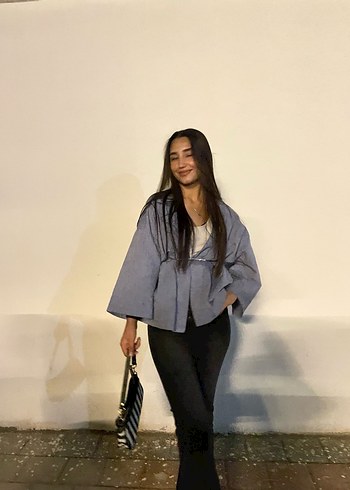 Mavi Keten Kadın Kimono, Midi, Geniş Kesim