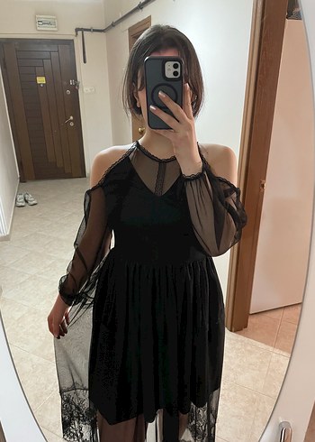 Diğer Siyah dantelli midi elbise