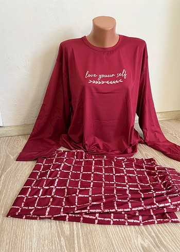 Bordo Desenli Uzun Kollu Rahat Pijama Takımı
