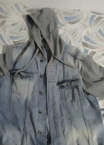 unisex Gri Kapüşonlu Düğmeli  Denim Ceket - Görsel 2