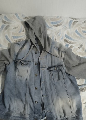 unisex Gri Kapüşonlu Düğmeli  Denim Ceket - Görsel 3