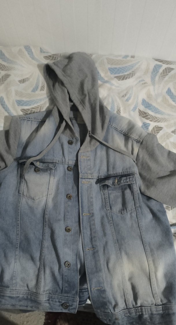 unisex Gri Kapüşonlu Düğmeli  Denim Ceket - Görsel 2