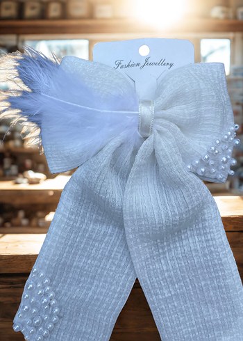 İnci Detaylı Beyaz Fiyonk Saç Aksesuarı çocuk tokası - Görsel 2