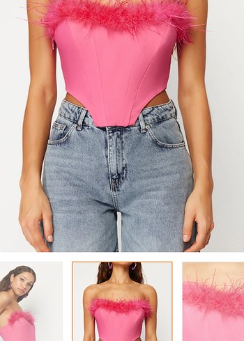 Pembe Tüylü Straplez Denim Büstiyer - Görsel 3