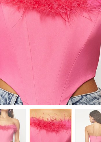 Pembe Tüylü Straplez Denim Büstiyer - Görsel 4