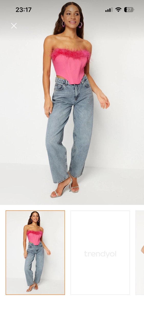 Pembe Tüylü Straplez Denim Büstiyer - Görsel 2