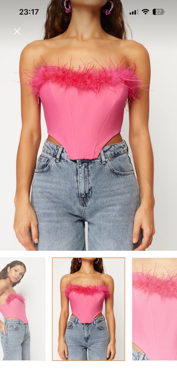 Pembe Tüylü Straplez Denim Büstiyer - Görsel 3