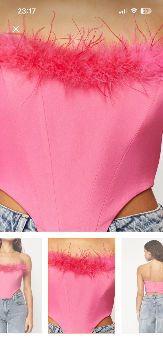 Pembe Tüylü Straplez Denim Büstiyer - Görsel 4