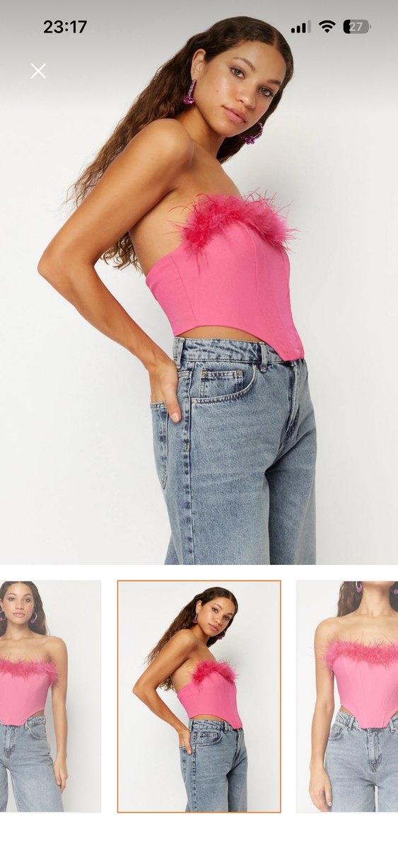 Pembe Tüylü Straplez Denim Büstiyer - Görsel 5