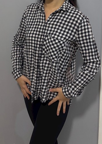 Kadın Gri Beyaz Kareli Pamuklu Gömlek - Görsel 6