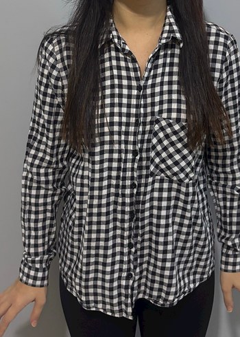 Kadın Gri Beyaz Kareli Pamuklu Gömlek - Görsel 4