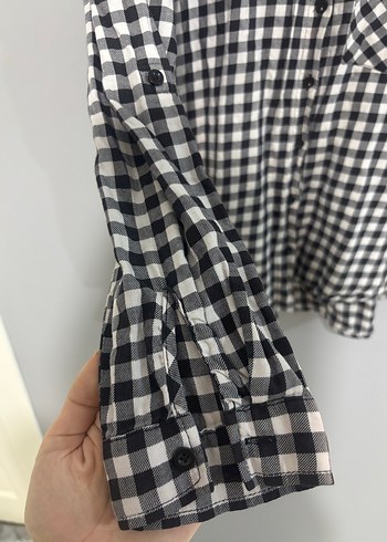 Kadın Gri Beyaz Kareli Pamuklu Gömlek - Görsel 2