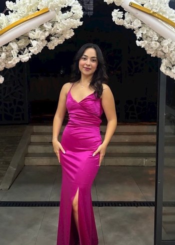 Pembe Drapeli Uzun Askılı Saten Abiye Elbise - Görsel 2