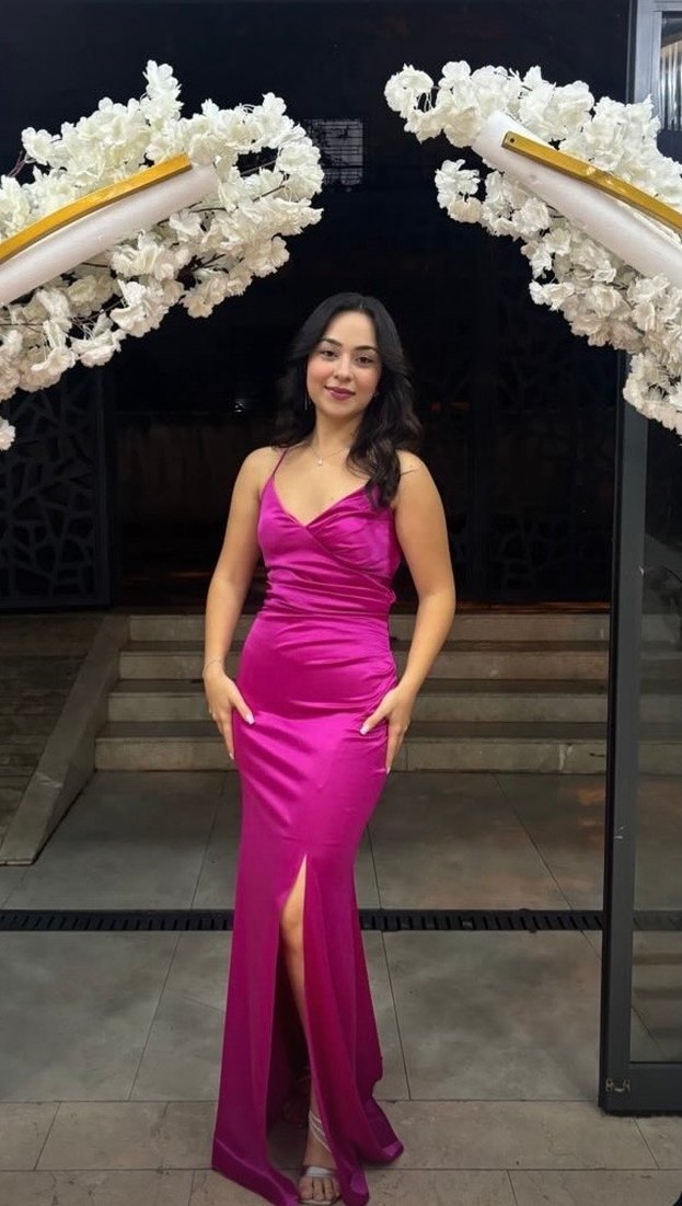 Pembe Drapeli Uzun Askılı Saten Abiye Elbise - Görsel 2