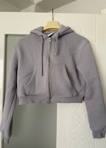Kadın Gri Fermuarlı Kapüşonlu Sweatshirt