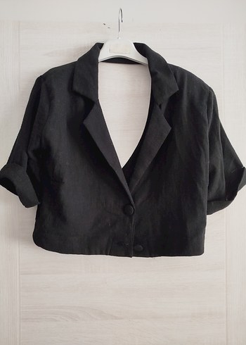 Siyah Kısa Kollu Keten Blazer Ceket - Görsel 2