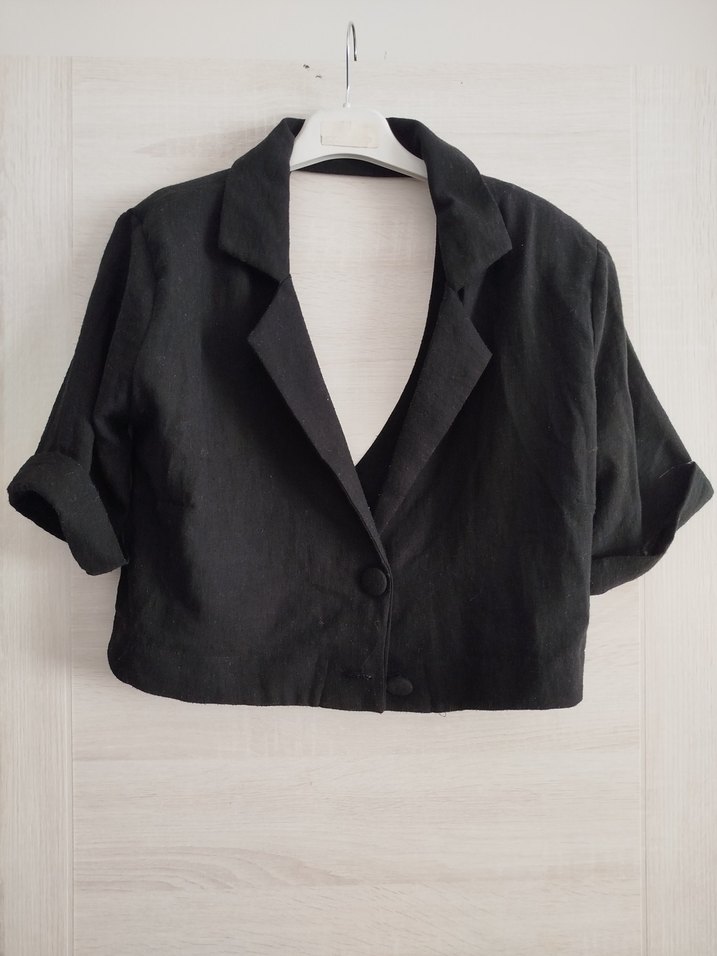 Siyah Kısa Kollu Keten Blazer Ceket - Görsel 2