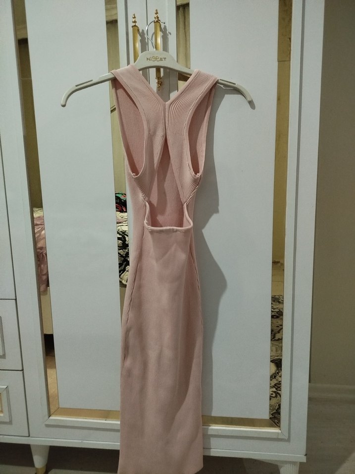 Pembe Uzun Kollu Yüksek Yaka Triko Elbise - Görsel 2