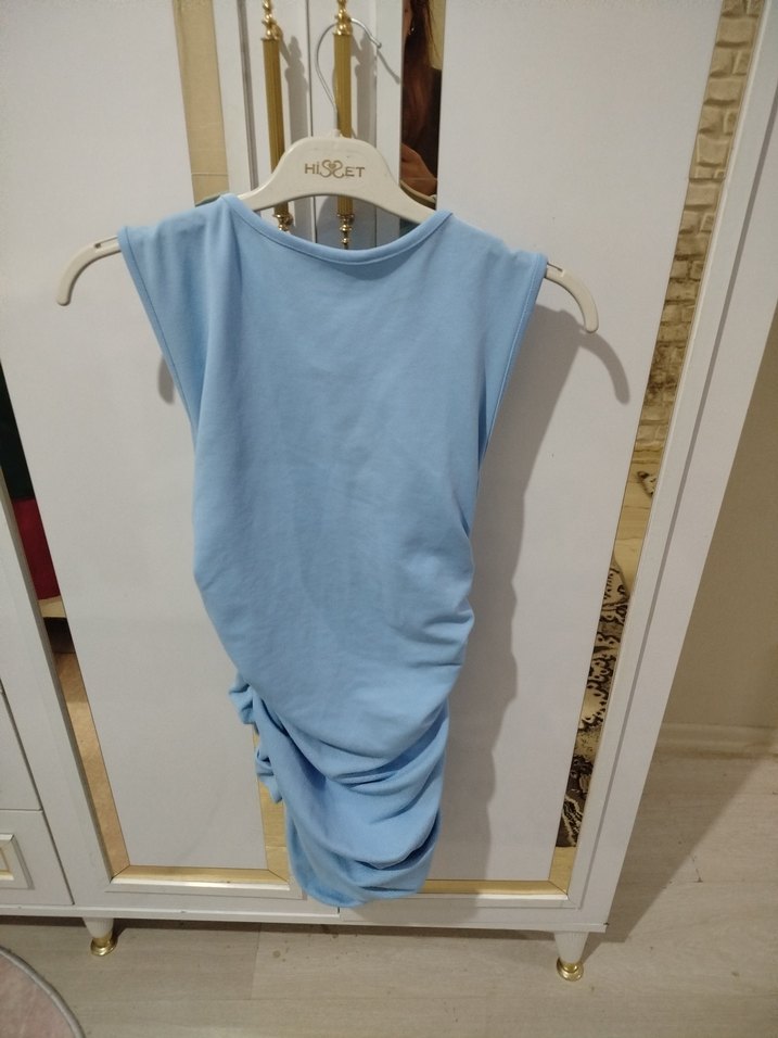 Mavi Drapeli Kolsuz mini elbise - Görsel 2