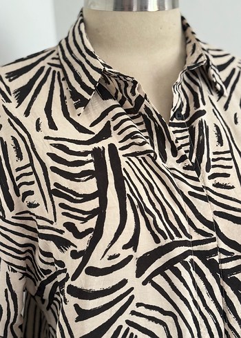 l Beden Zebra Desenli Uzun Kollu Keten Gömlek
