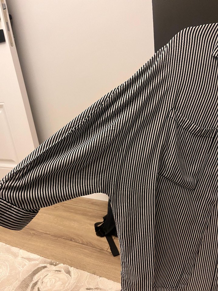 Uzun Kollu Çizgili Gri Kadın Gömlek - Görsel 2