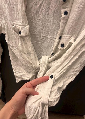 Düğmeli Beyaz Keten Kadın Gömlek - Görsel 5