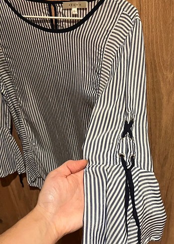 Düğmeli, Uzun Kollu, Çizgili Kadın Bluz - Görsel 2