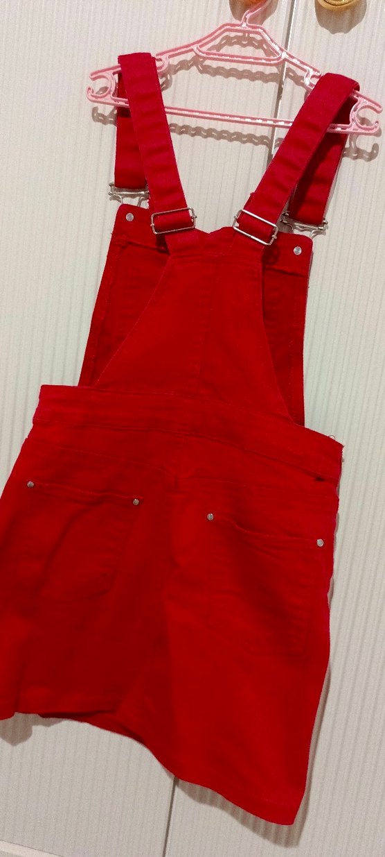 Kırmızı Süet Askılı Mini Salopet - Görsel 3