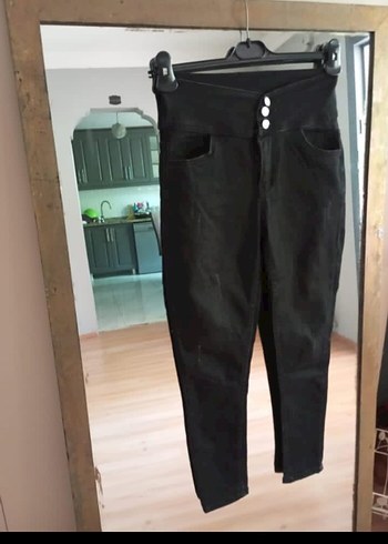 Düğmeli Siyah kot Kadın Dar Paça Pantolon