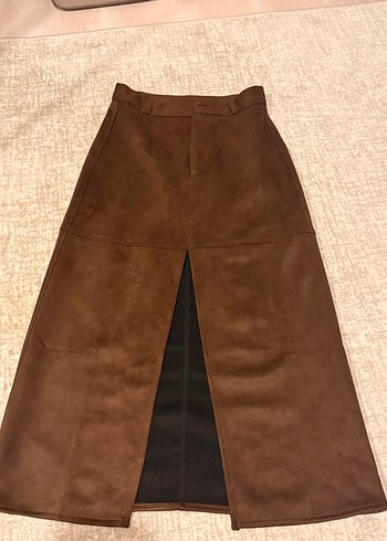 Kahverengi Süet Midi Kemerli Kadın Etek - Görsel 5