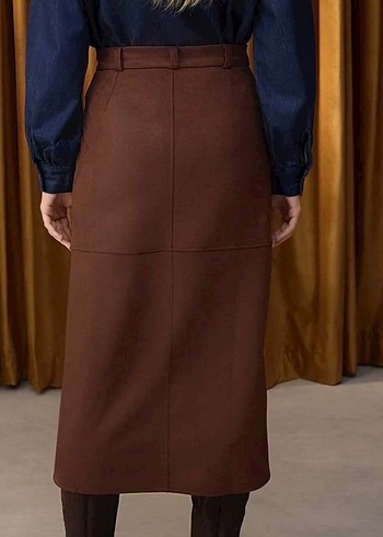 Kahverengi Süet Midi Kemerli Kadın Etek - Görsel 3