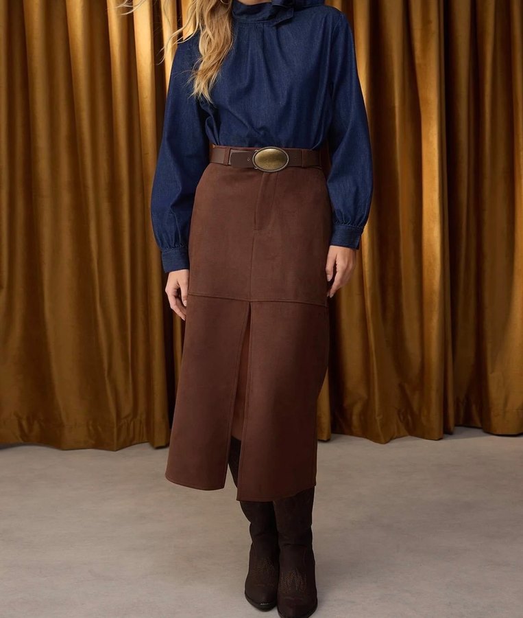 Kahverengi Süet Midi Kemerli Kadın Etek - Görsel 4