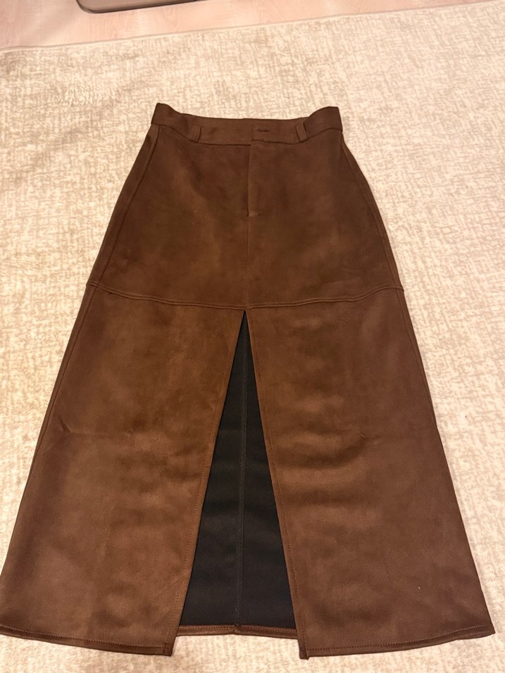 Kahverengi Süet Midi Kemerli Kadın Etek - Görsel 5