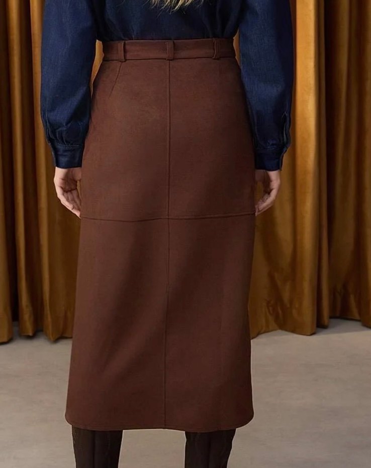 Kahverengi Süet Midi Kemerli Kadın Etek - Görsel 3