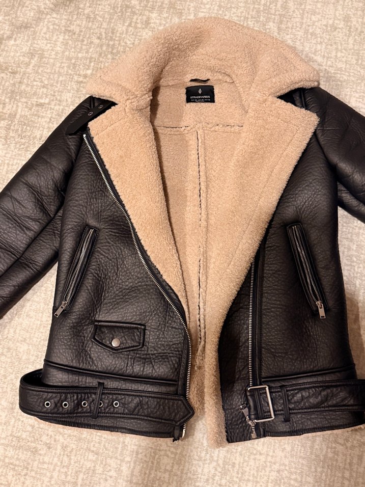 Kürklü Bej Detaylı Siyah Deri Ceket - Görsel 5