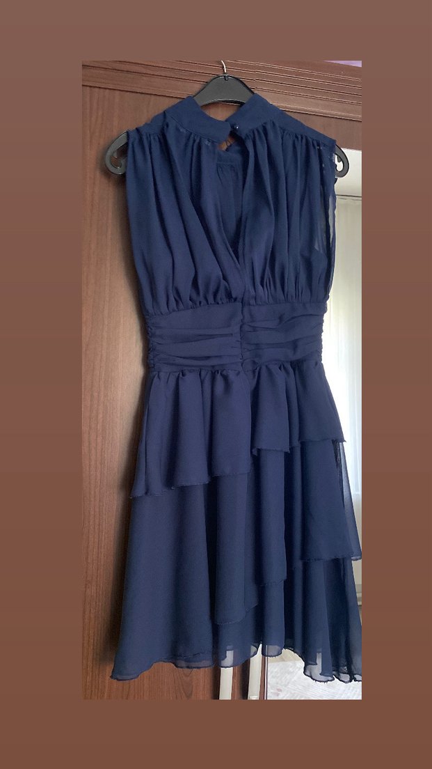 Lacivert V Yakalı kısa şifon Elbise - Görsel 2