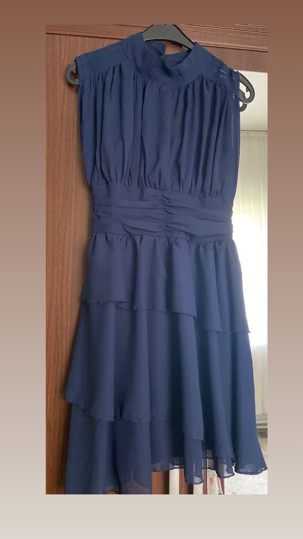 Lacivert V Yakalı kısa şifon Elbise - Görsel 3