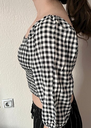 Siyah Beyaz Kareli Kadın Bluz - Görsel 3