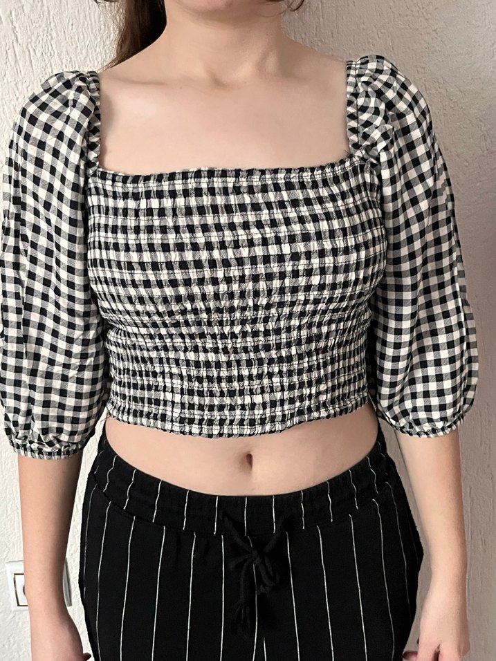 Siyah Beyaz Kareli Kadın Bluz - Görsel 2