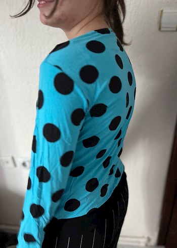 Vintage Mavi Puantiyeli Uzun Kollu Bluz - Görsel 4