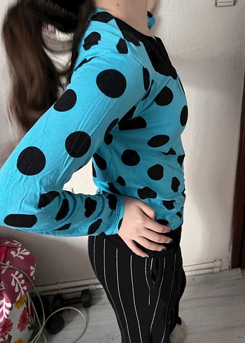Vintage Mavi Puantiyeli Uzun Kollu Bluz - Görsel 3