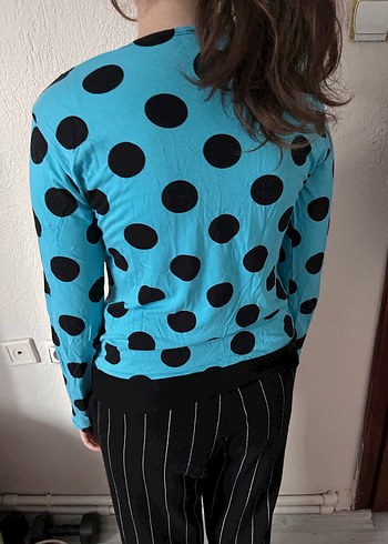 Vintage Mavi Puantiyeli Uzun Kollu Bluz - Görsel 5