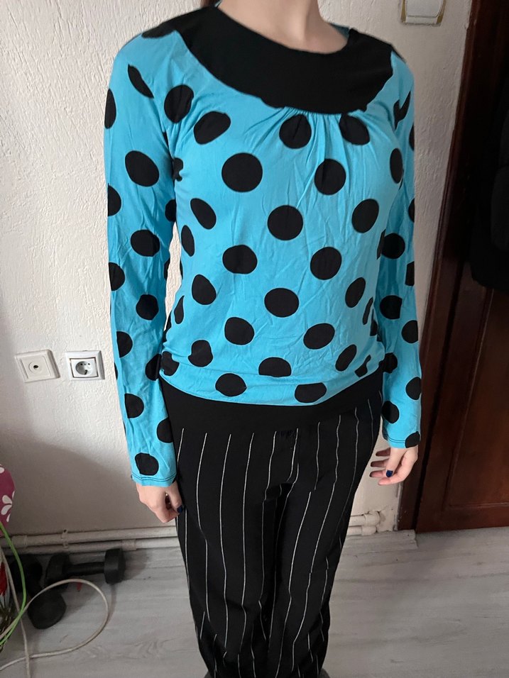 Vintage Mavi Puantiyeli Uzun Kollu Bluz - Görsel 2